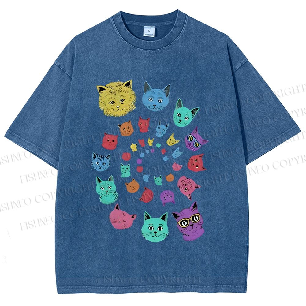 Unisex Colorful Cats Printed Washed Tee