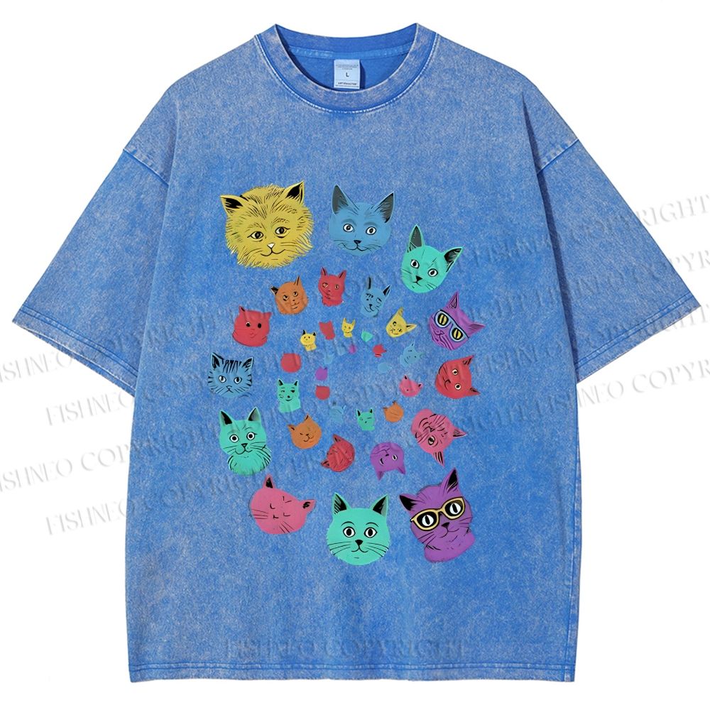 Unisex Colorful Cats Printed Washed Tee