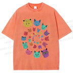 Unisex Colorful Cats Printed Washed Tee