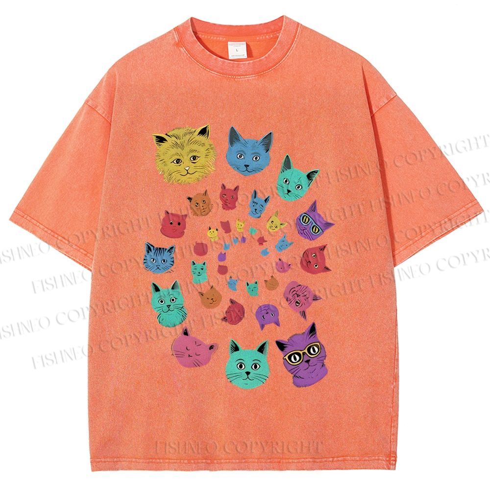 Unisex Colorful Cats Printed Washed Tee