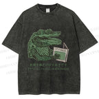 Unisex Vintage Crocodile Hooked On Newspaper Printed Washed Tee