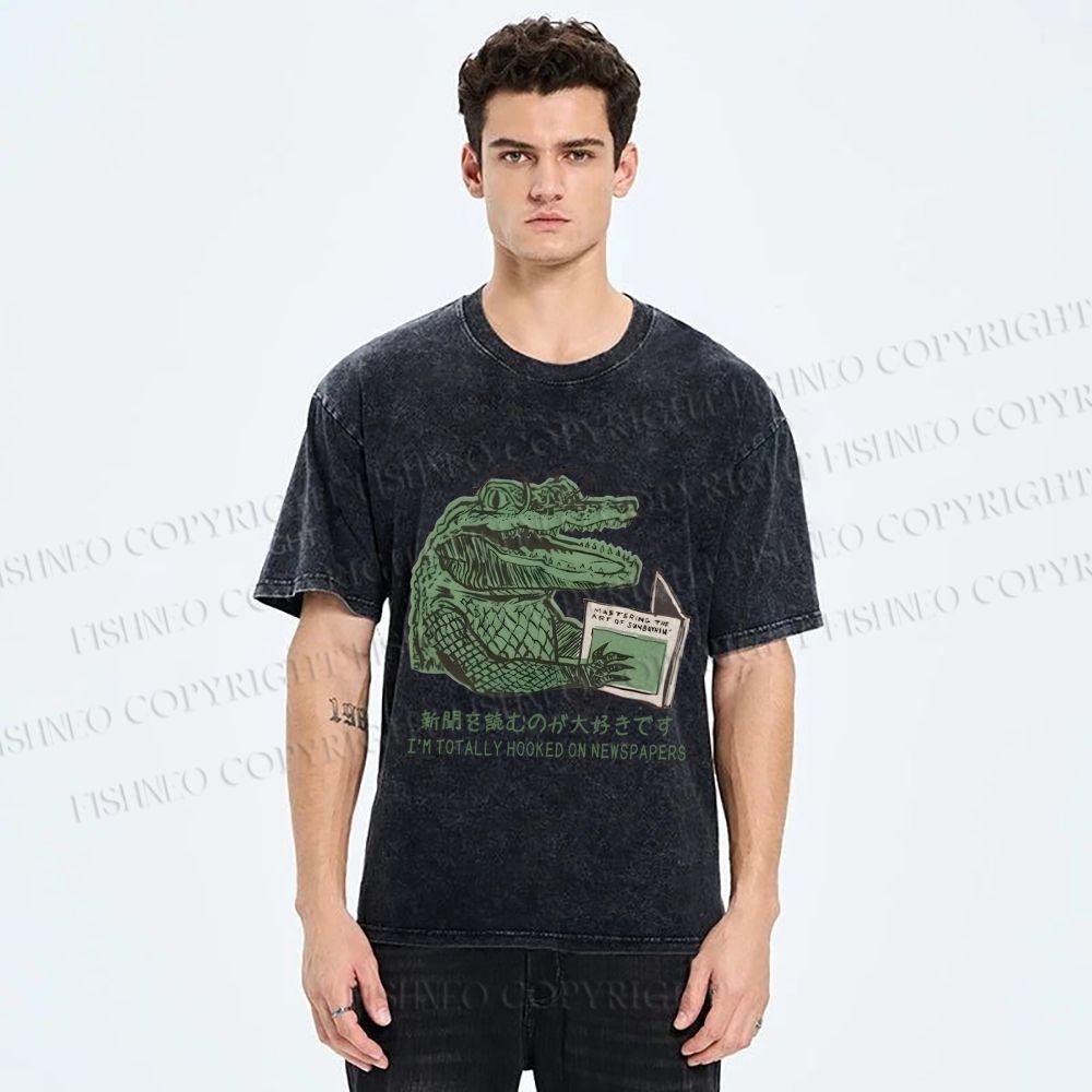 Unisex Vintage Crocodile Hooked On Newspaper Printed Washed Tee