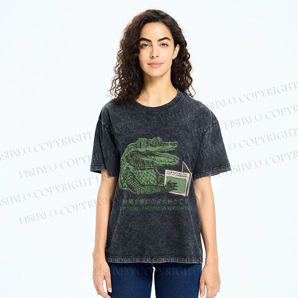 Unisex Vintage Crocodile Hooked On Newspaper Printed Washed Tee