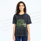 Unisex Vintage Crocodile Hooked On Newspaper Printed Washed Tee