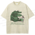 Unisex Vintage Crocodile Hooked On Newspaper Printed Washed Tee