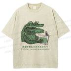 Unisex Vintage Crocodile Hooked On Newspaper Printed Washed Tee
