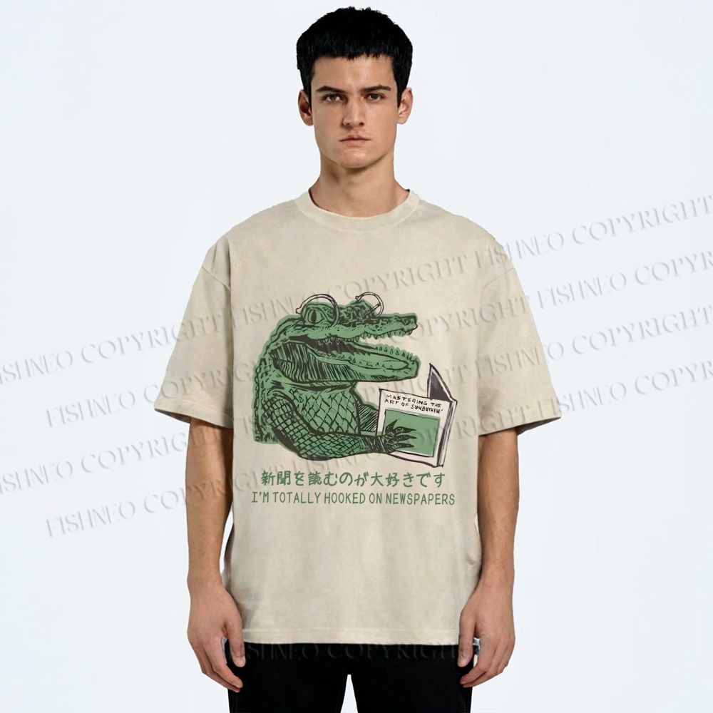 Unisex Vintage Crocodile Hooked On Newspaper Printed Washed Tee