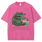 Unisex Vintage Crocodile Hooked On Newspaper Printed Washed Tee