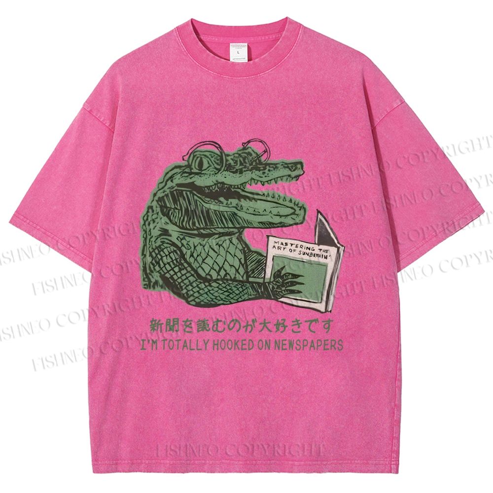 Unisex Vintage Crocodile Hooked On Newspaper Printed Washed Tee