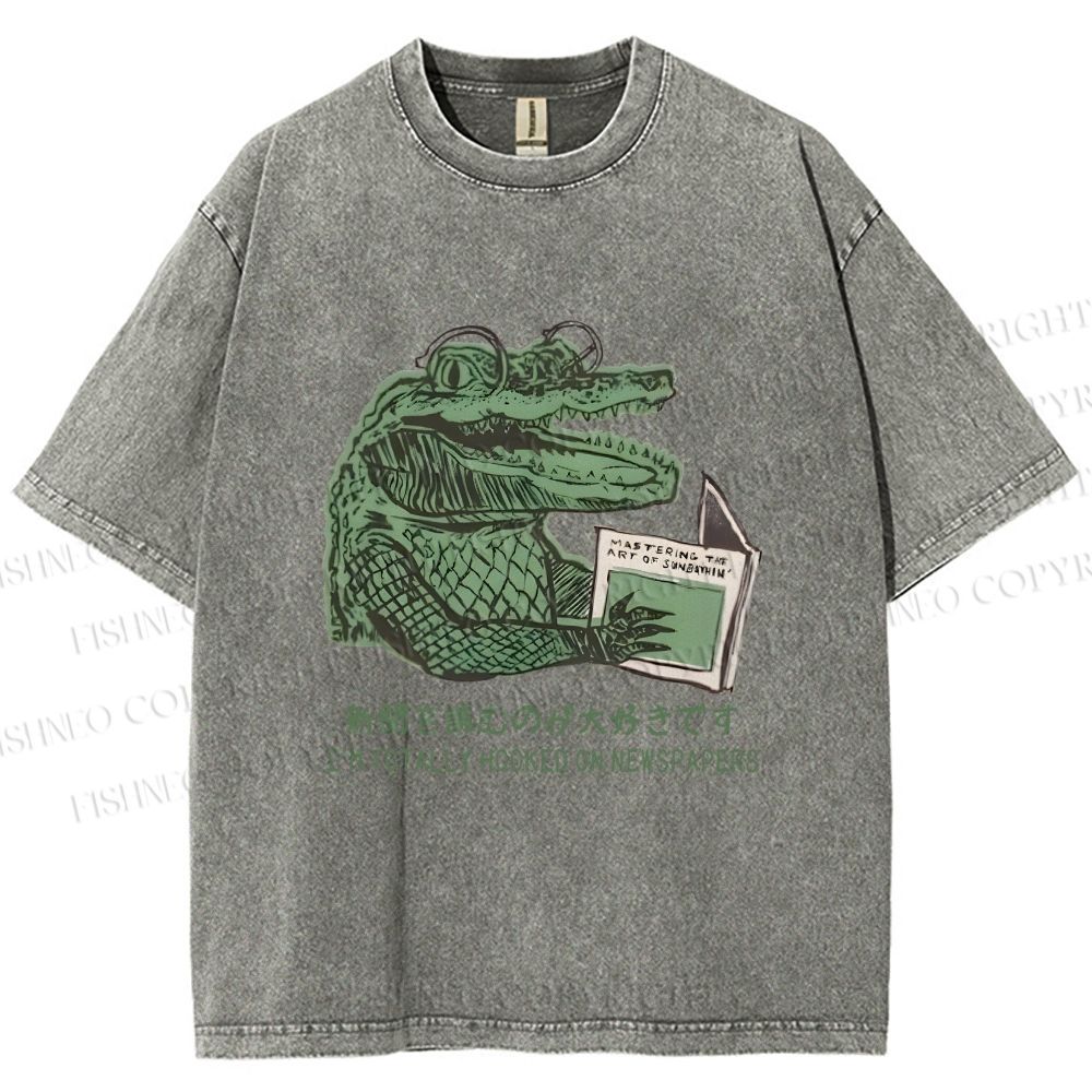 Unisex Vintage Crocodile Hooked On Newspaper Printed Washed Tee