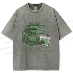 Unisex Vintage Crocodile Hooked On Newspaper Printed Washed Tee