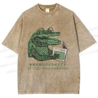 Unisex Vintage Crocodile Hooked On Newspaper Printed Washed Tee