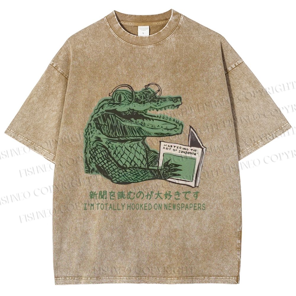 Unisex Vintage Crocodile Hooked On Newspaper Printed Washed Tee