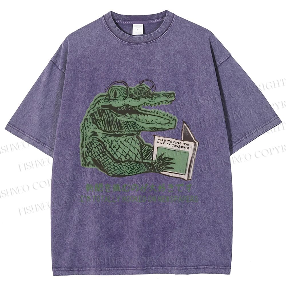 Unisex Vintage Crocodile Hooked On Newspaper Printed Washed Tee