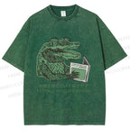 Unisex Vintage Crocodile Hooked On Newspaper Printed Washed Tee