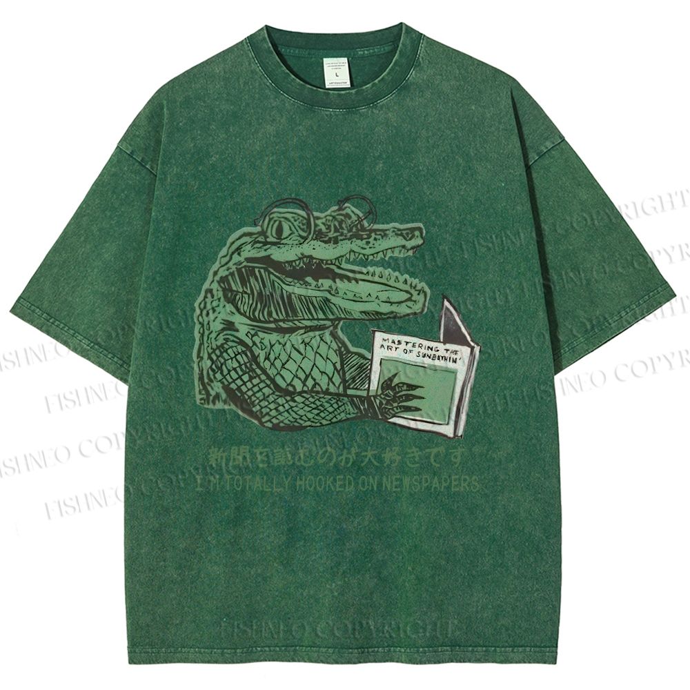 Unisex Vintage Crocodile Hooked On Newspaper Printed Washed Tee
