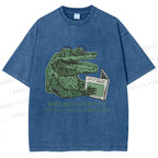 Unisex Vintage Crocodile Hooked On Newspaper Printed Washed Tee