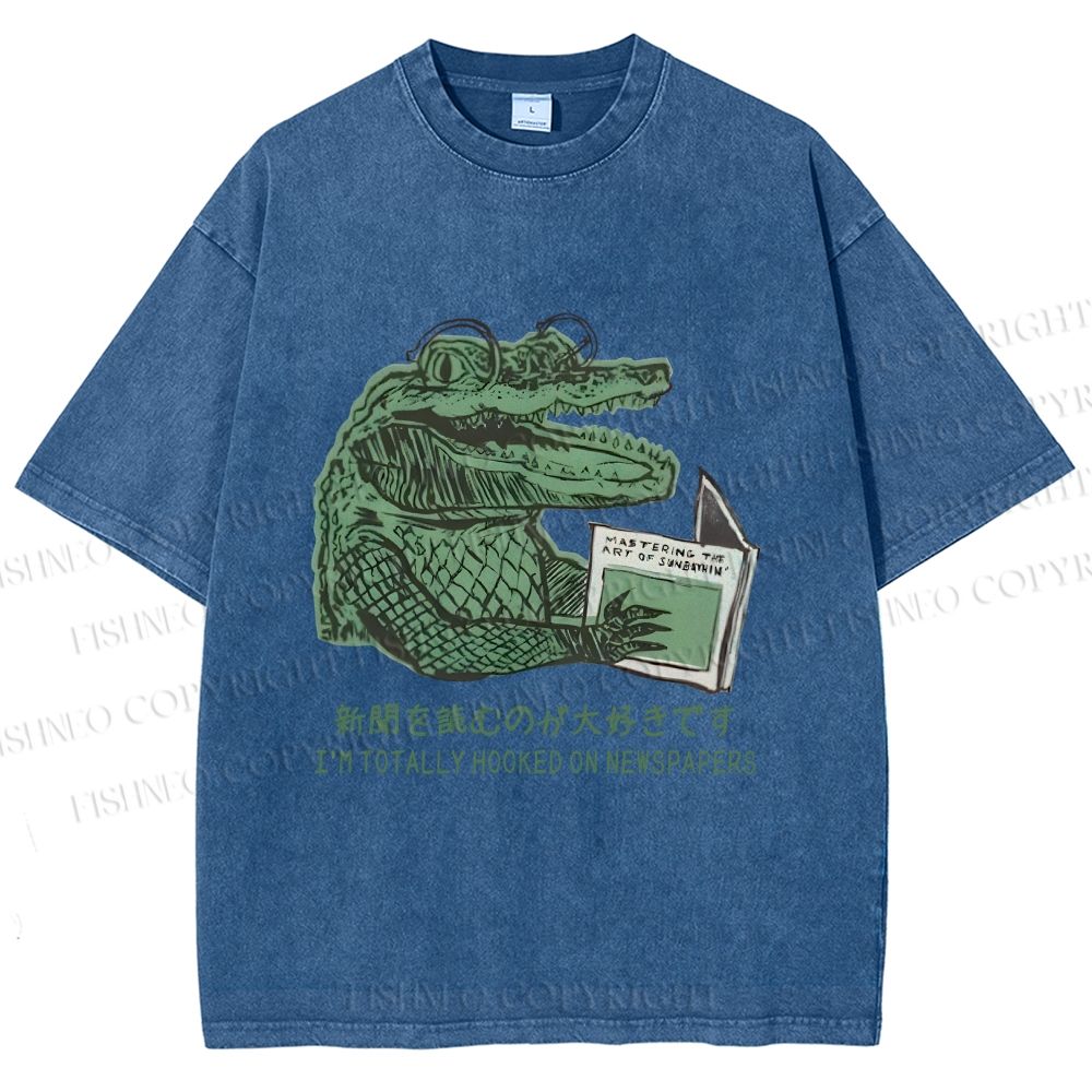 Unisex Vintage Crocodile Hooked On Newspaper Printed Washed Tee