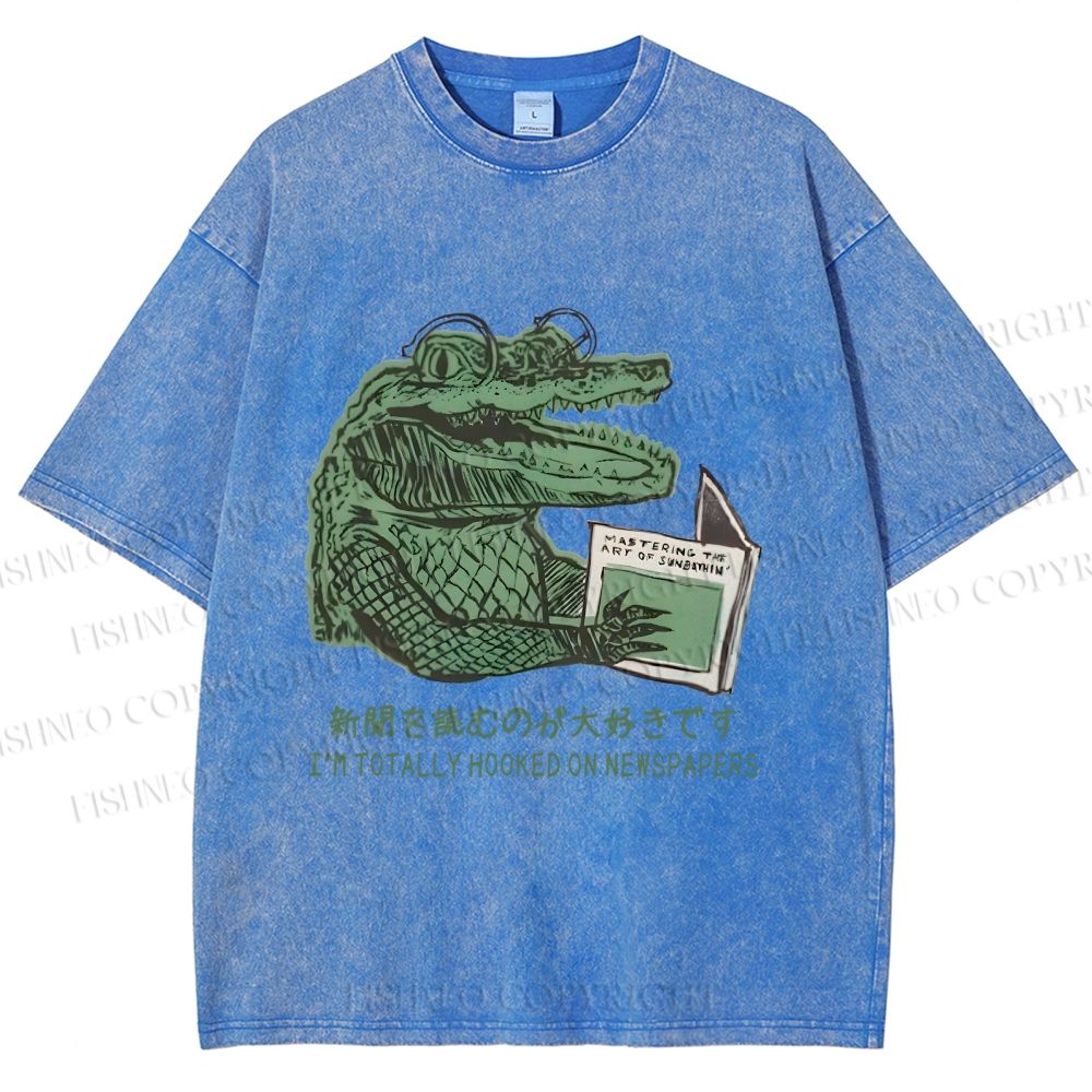 Unisex Vintage Crocodile Hooked On Newspaper Printed Washed Tee