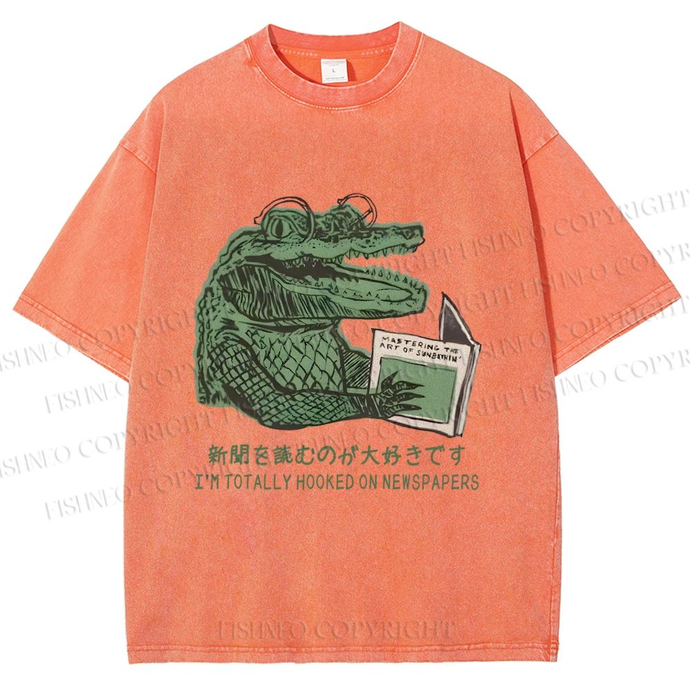 Unisex Vintage Crocodile Hooked On Newspaper Printed Washed Tee