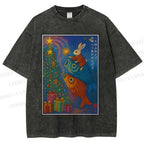 Unisex Vintage Japanese Bunny Koi Fish Printed Washed Tee