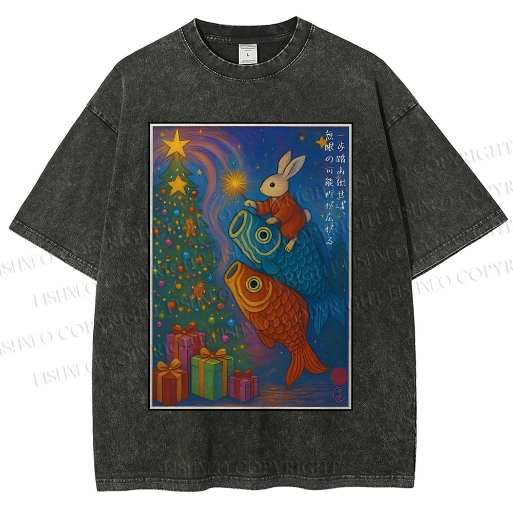 Unisex Vintage Japanese Bunny Koi Fish Printed Washed Tee