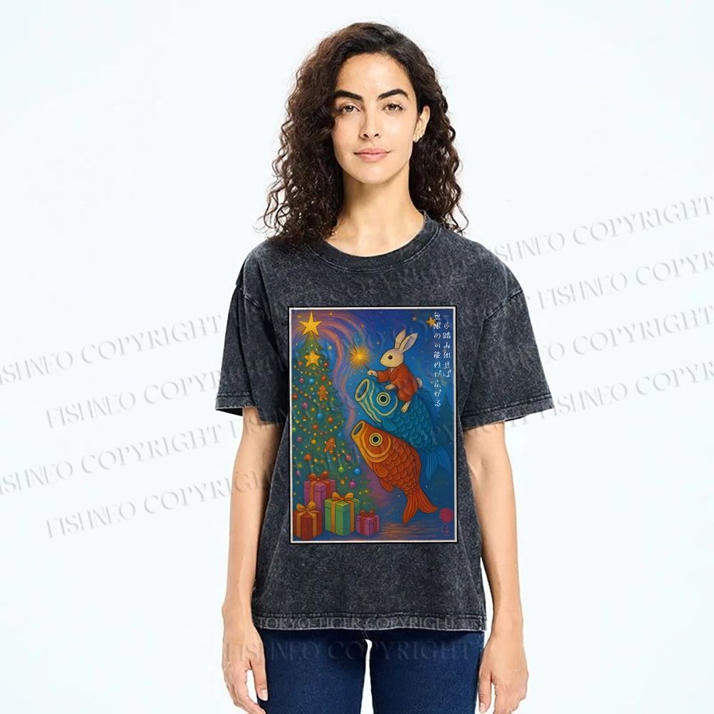 Unisex Vintage Japanese Bunny Koi Fish Printed Washed Tee