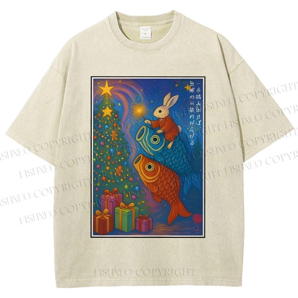 Unisex Vintage Japanese Bunny Koi Fish Printed Washed Tee