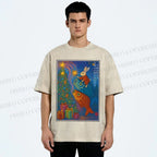 Unisex Vintage Japanese Bunny Koi Fish Printed Washed Tee