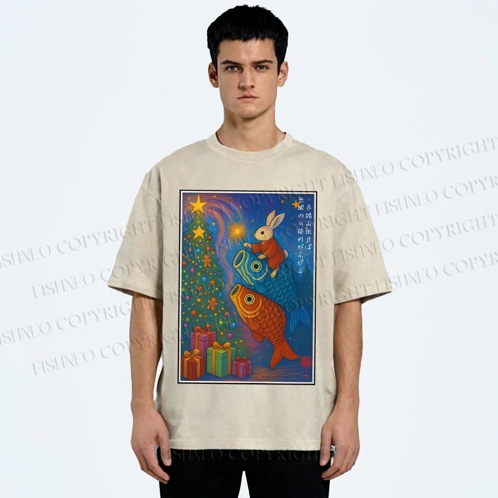 Unisex Vintage Japanese Bunny Koi Fish Printed Washed Tee