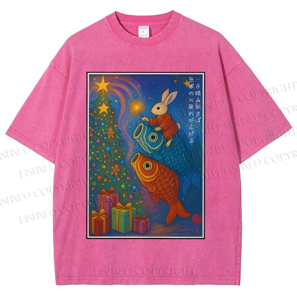 Unisex Vintage Japanese Bunny Koi Fish Printed Washed Tee