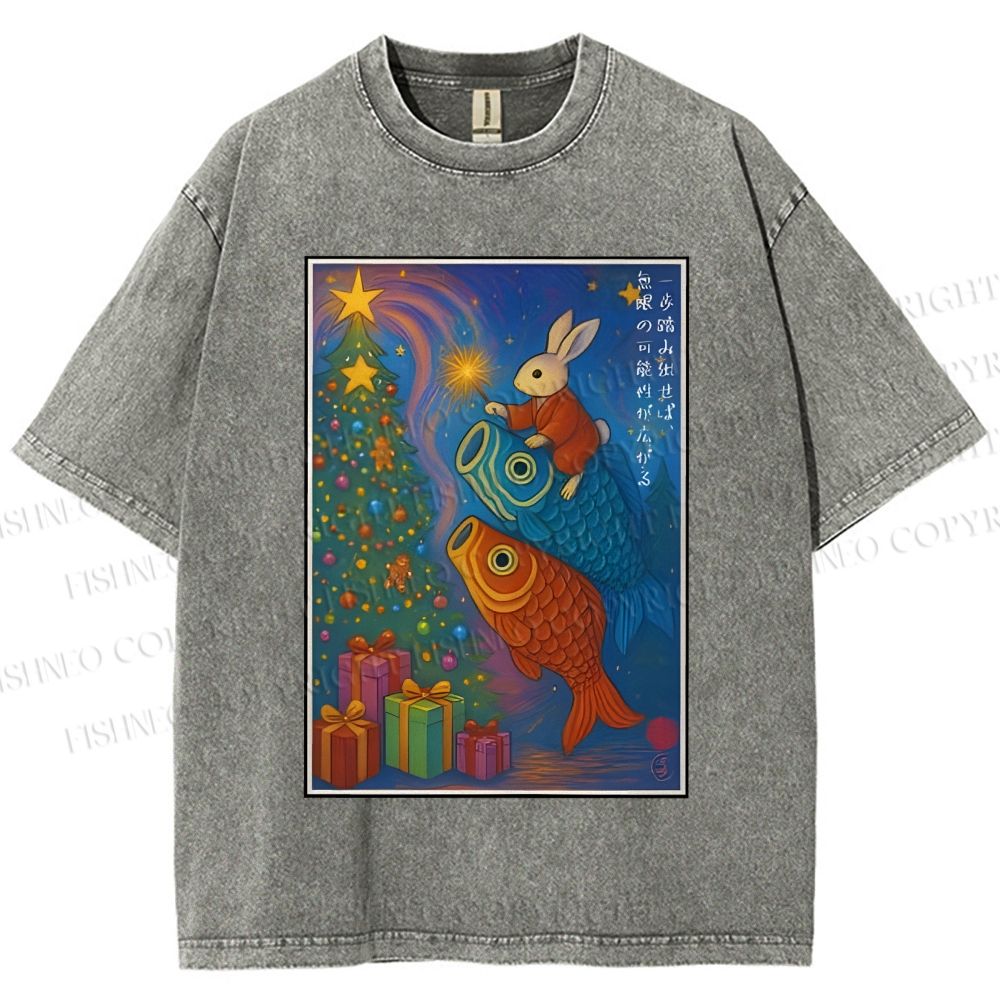 Unisex Vintage Japanese Bunny Koi Fish Printed Washed Tee