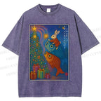 Unisex Vintage Japanese Bunny Koi Fish Printed Washed Tee