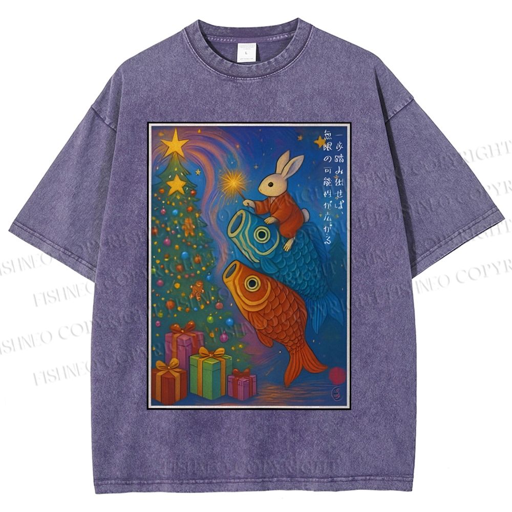Unisex Vintage Japanese Bunny Koi Fish Printed Washed Tee