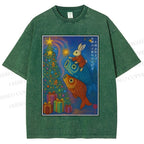 Unisex Vintage Japanese Bunny Koi Fish Printed Washed Tee
