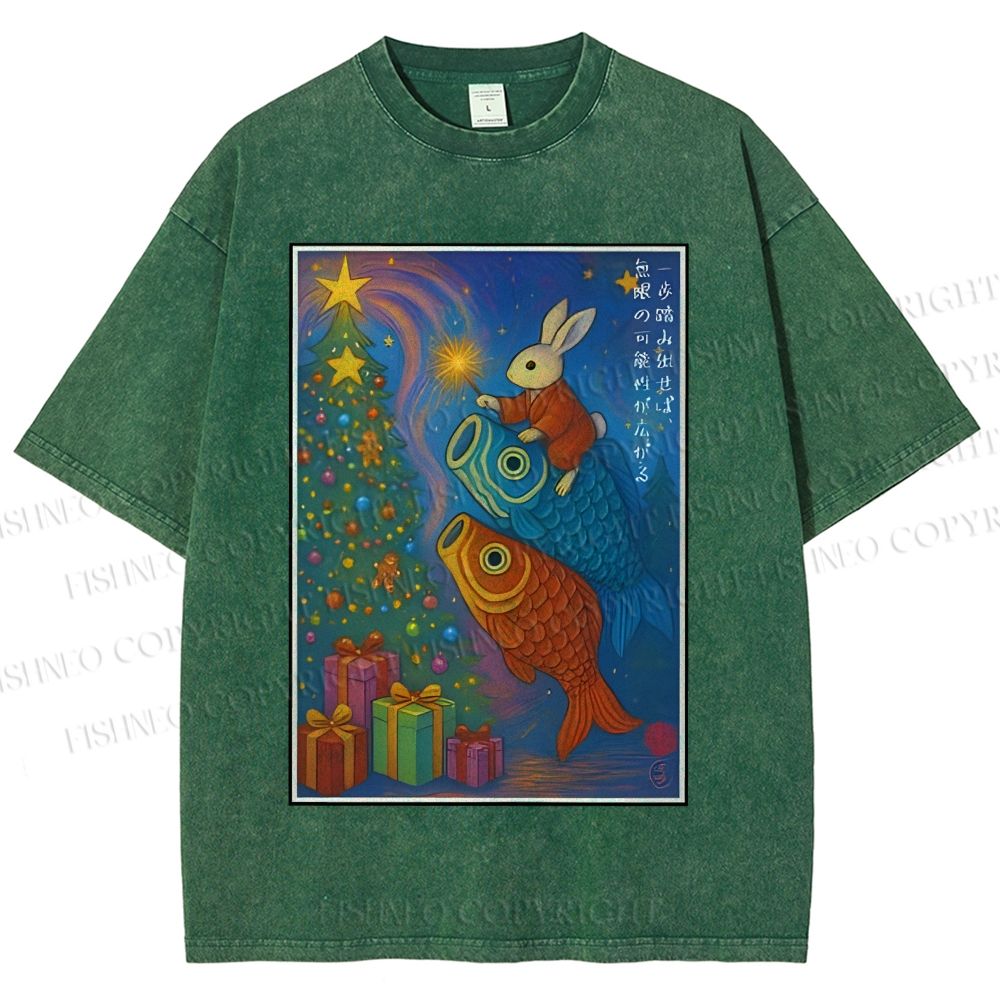Unisex Vintage Japanese Bunny Koi Fish Printed Washed Tee