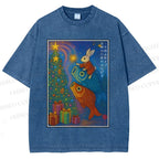 Unisex Vintage Japanese Bunny Koi Fish Printed Washed Tee