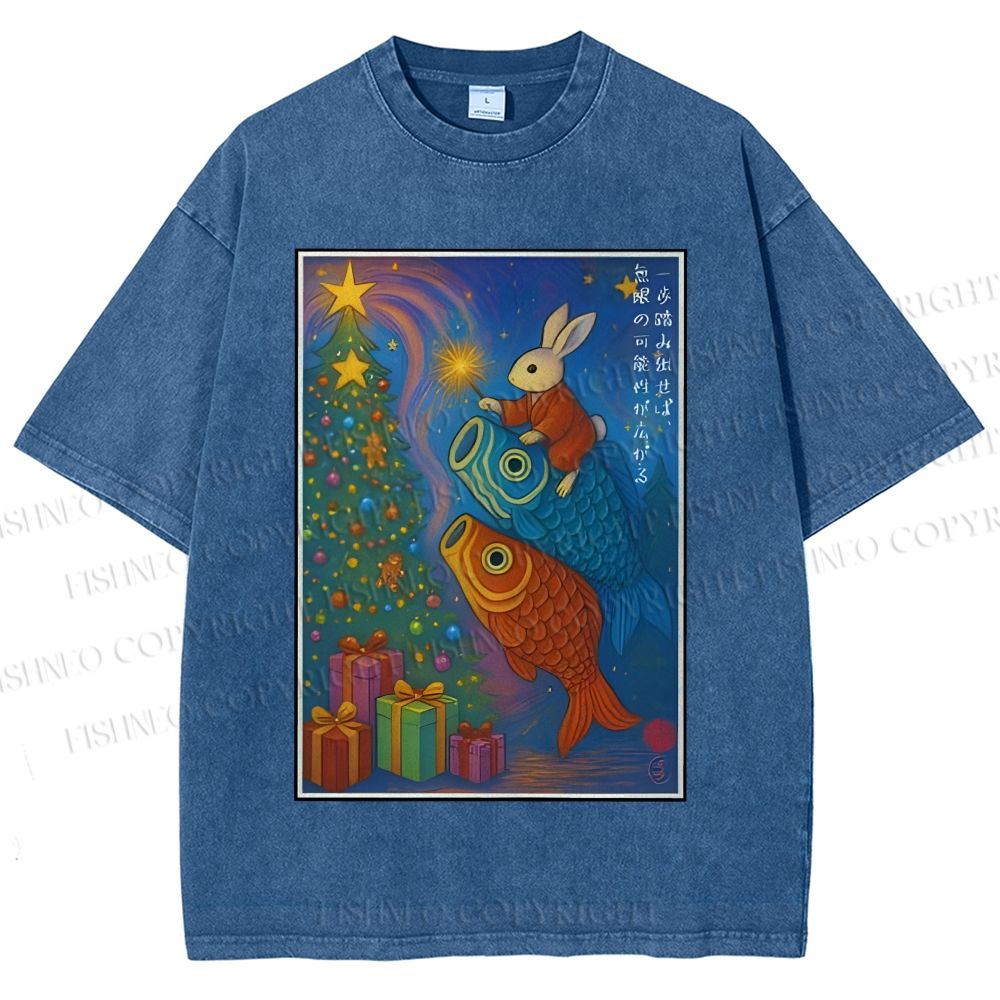 Unisex Vintage Japanese Bunny Koi Fish Printed Washed Tee