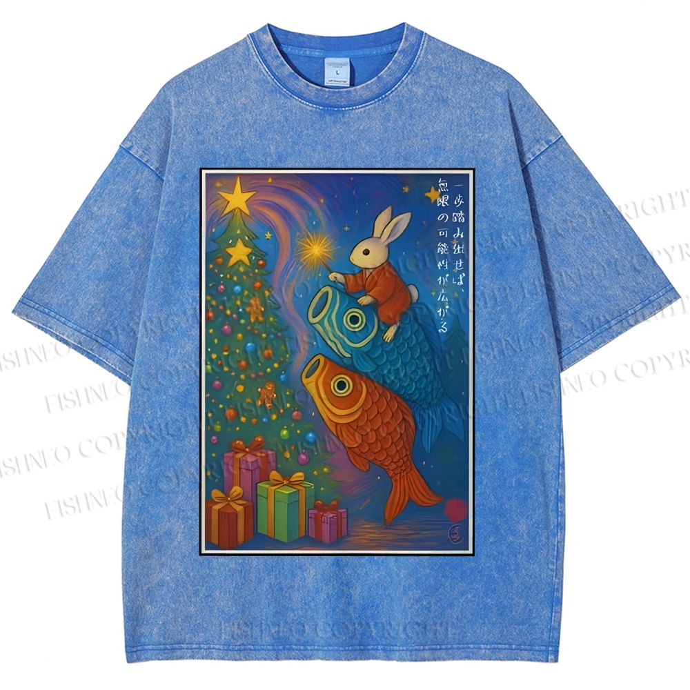 Unisex Vintage Japanese Bunny Koi Fish Printed Washed Tee
