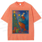 Unisex Vintage Japanese Bunny Koi Fish Printed Washed Tee