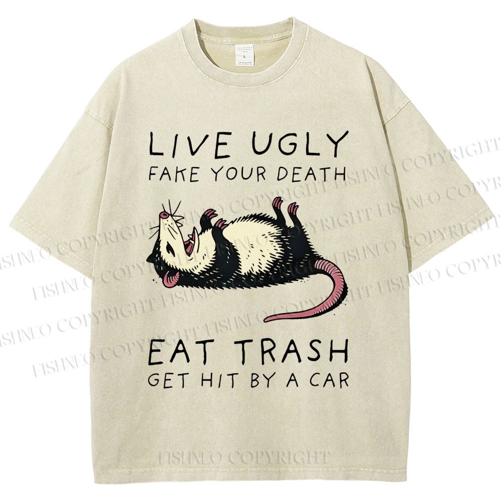 Unisex Live Ugly Eat Trash Rat Printed Washed Tee