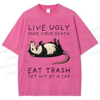 Unisex Live Ugly Eat Trash Rat Printed Washed Tee