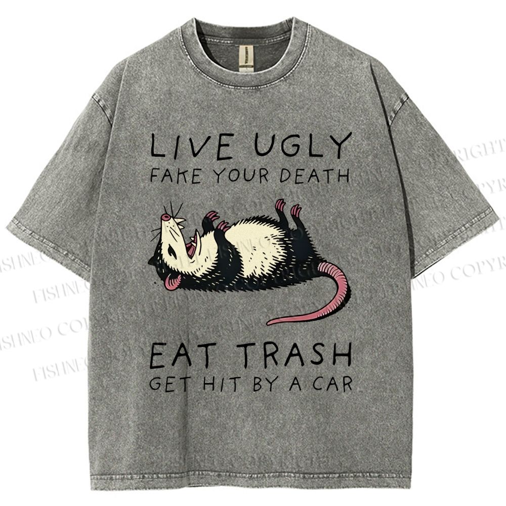 Unisex Live Ugly Eat Trash Rat Printed Washed Tee