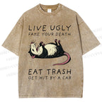 Unisex Live Ugly Eat Trash Rat Printed Washed Tee