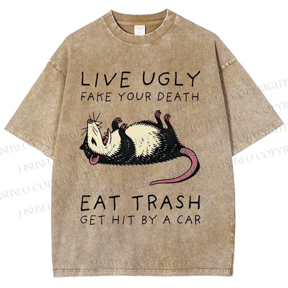 Unisex Live Ugly Eat Trash Rat Printed Washed Tee