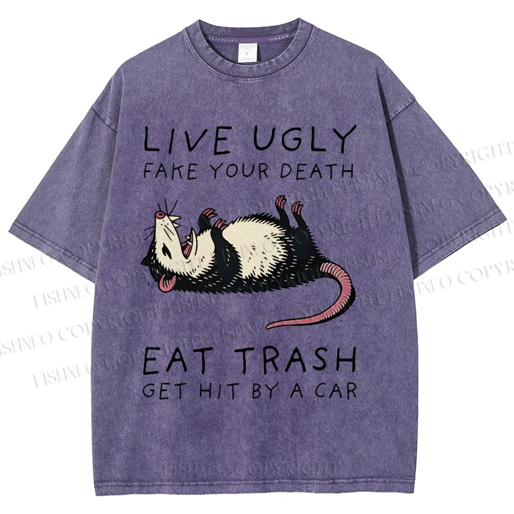 Unisex Live Ugly Eat Trash Rat Printed Washed Tee