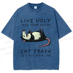 Unisex Live Ugly Eat Trash Rat Printed Washed Tee