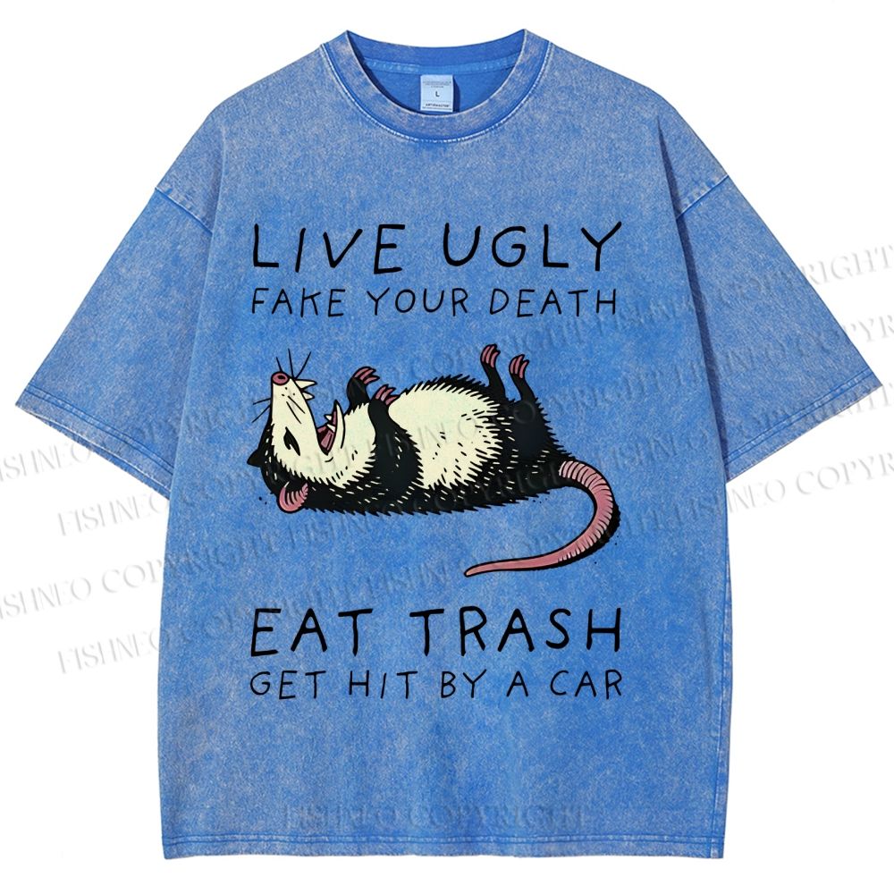 Unisex Live Ugly Eat Trash Rat Printed Washed Tee
