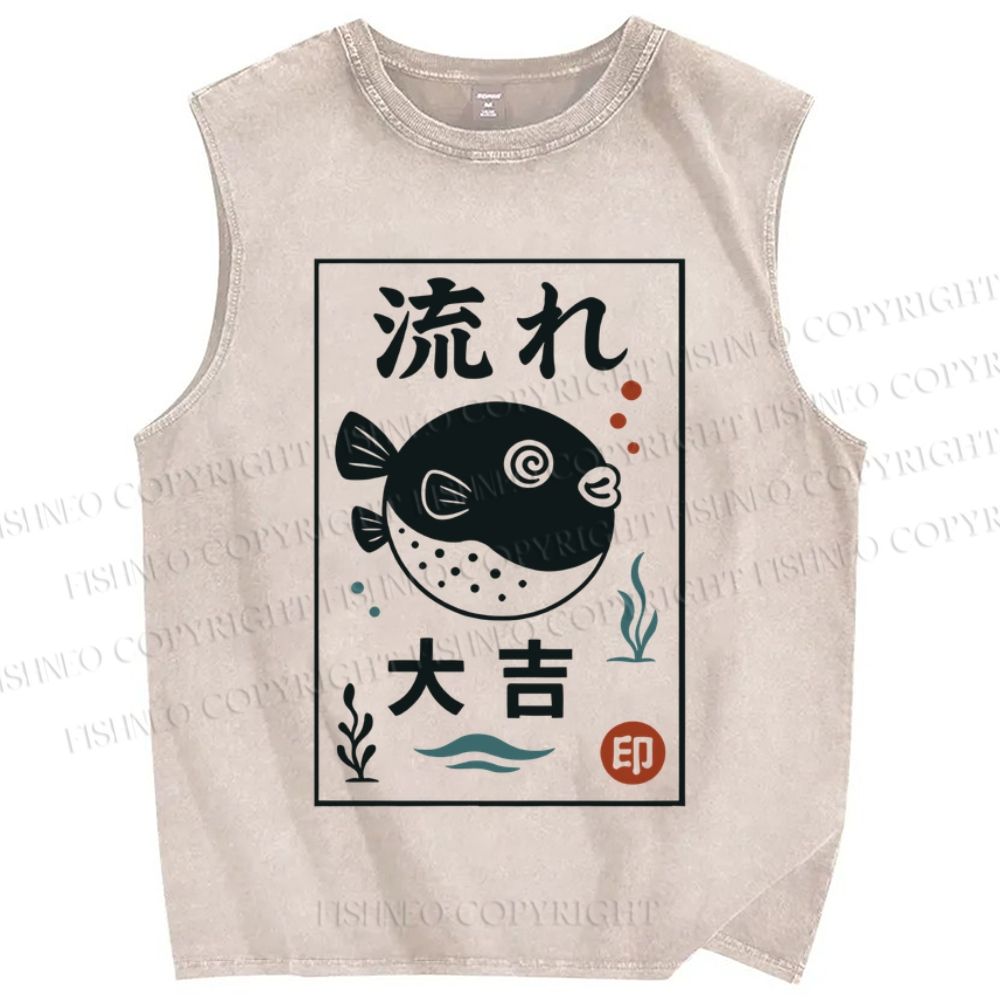 Unisex Vintage Japanese Fish  Printed Washed Tank Top