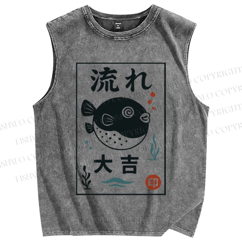 Unisex Vintage Japanese Fish  Printed Washed Tank Top